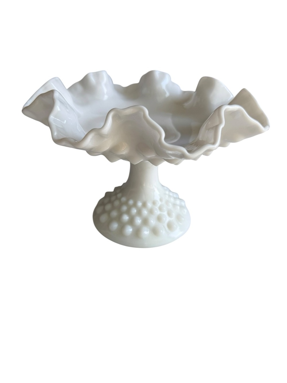 Vintage Milk Glass Hob Nail Pedestal Compote Ruffle Edge White Footed Candy Bowl